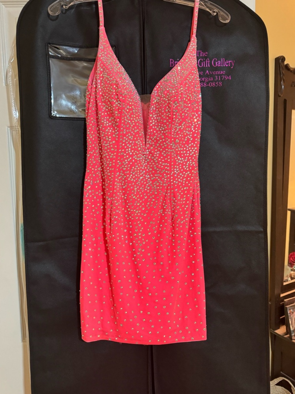Pinky-Peach Velour Embellished Spaghetti-Strap formal dress. Size 2. $100